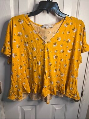 LOFT Mustard Yellow Floral V-Neck Ruffle-Hem Blouse